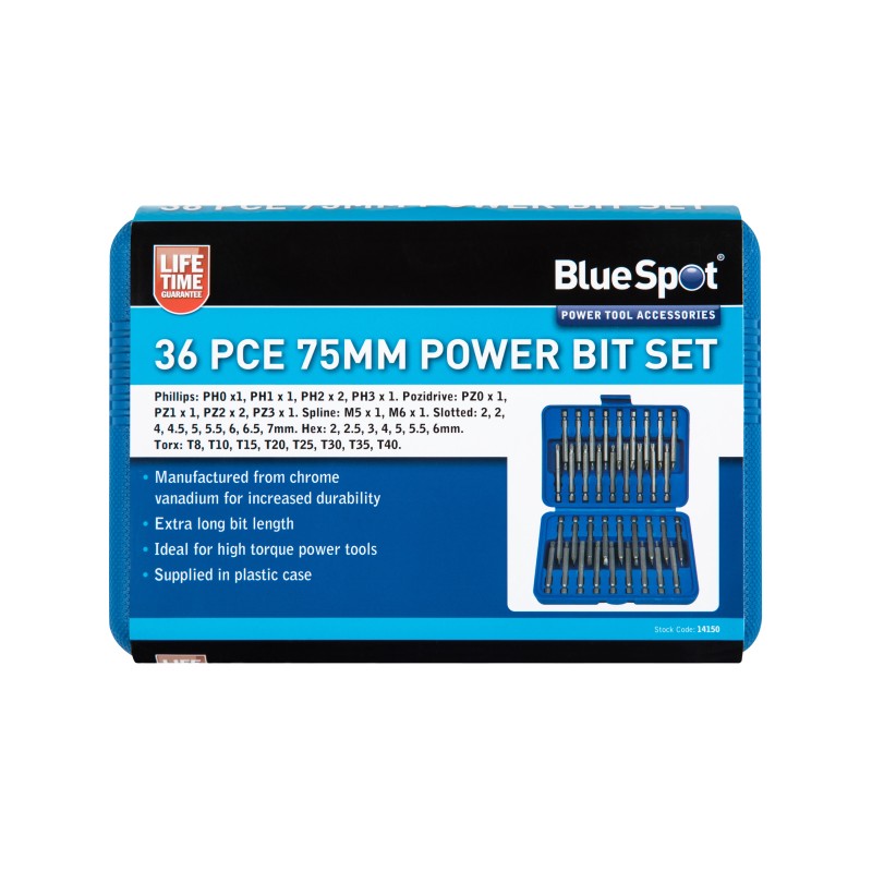Blue Spot Tools Power Screw Driving 36pc Long Hex Bit Set 14150 Bluespot Sealants and Tools Direct