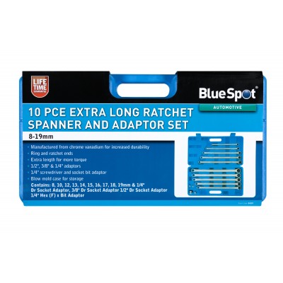 Blue Spot Tools Extra Long Ratchet Ring Spanner and Adaptor Set 04307 Bluespot