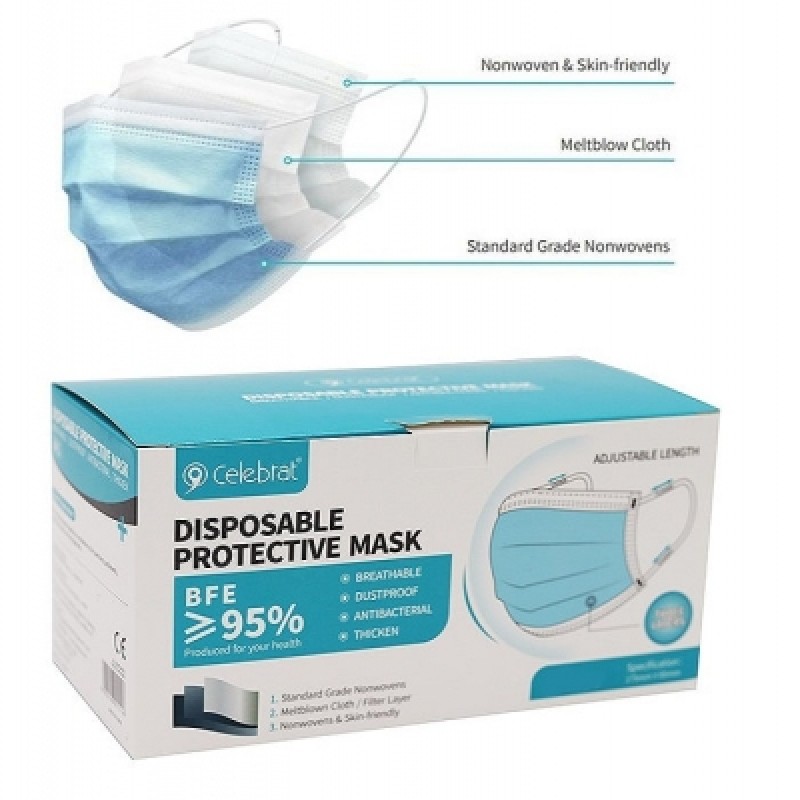 Celebrat 3 Ply Disposable Protective Face Mask Bacterial Filtration 95 10pk Sealants and