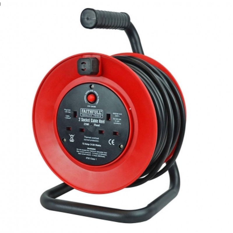 Faithfull Electric Cable Reel Drum Twin Socket 25m FPPCR25M Sealants