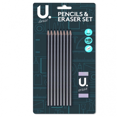 U Draw 8 x HB Pencils & Eraser Rubber P2373