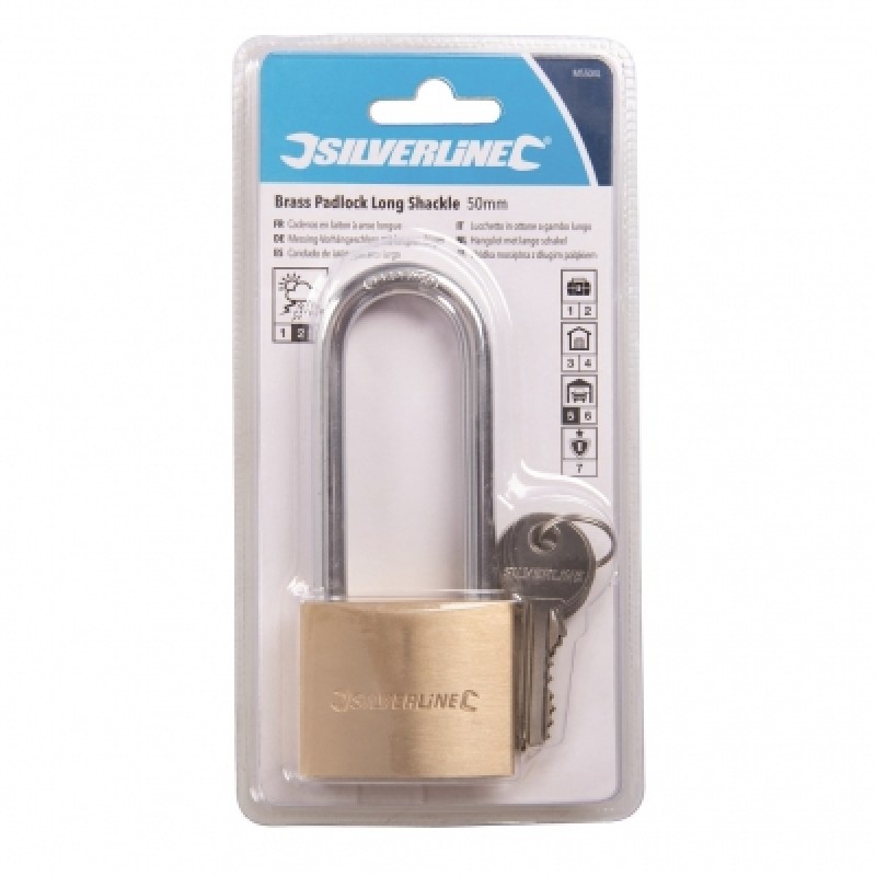 Silverline Brass Padlock Long Shackle 50mm MSS04L Sealants and Tools