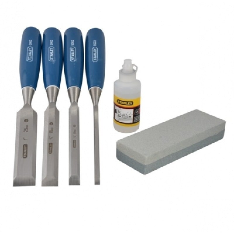 Stanley Wood Chisel Set 5002 inc Sharpening Stone & Oil 016130 Sealants and Tools Direct