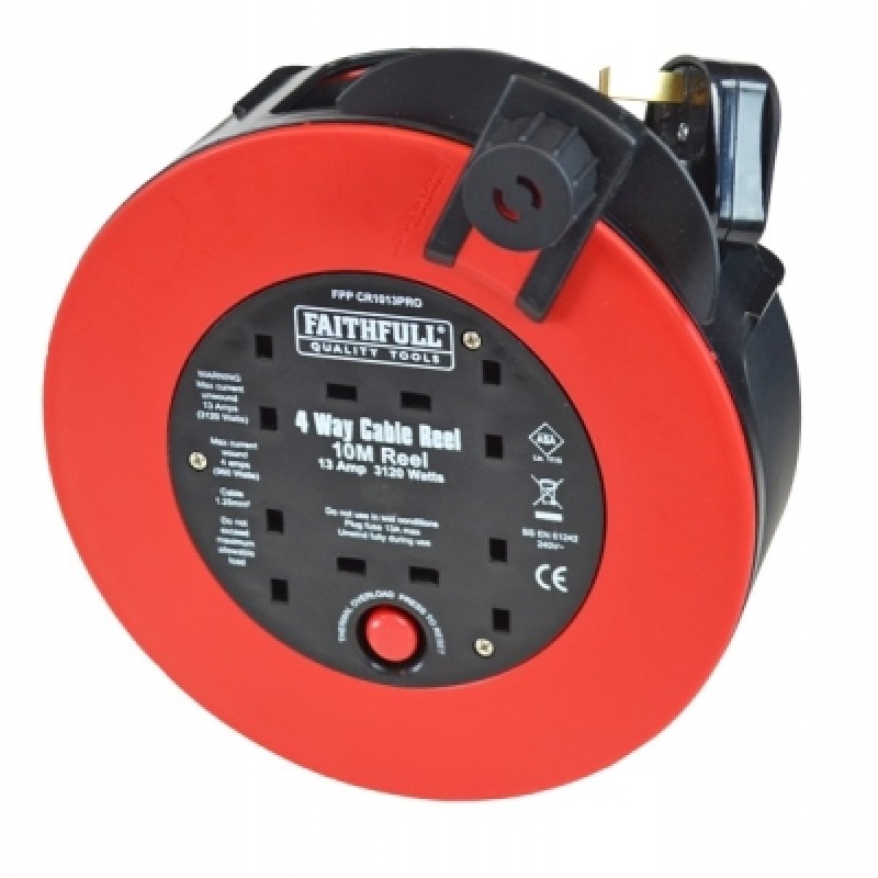 Faithfull 4 Socket Fast Rewind Electric Cable Reel 10m FPPCR1013MPRO