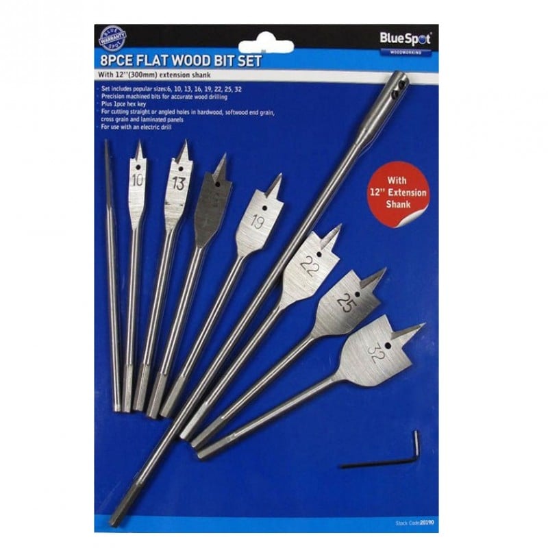 Blue Spot Tools Flat Wood Drill Bit & Extension Bar Set 6mm to 32mm