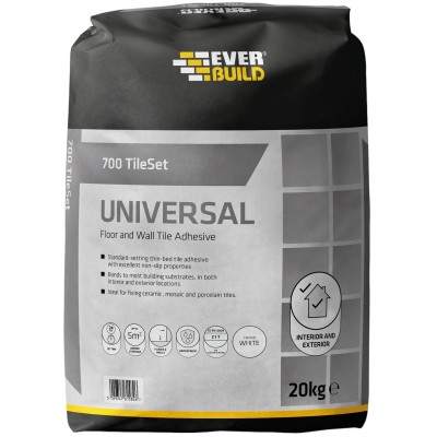 Everbuild TileSet 700 White Universal Int Ext Floor Wall Tile Adhesive 20kg TS700WE20