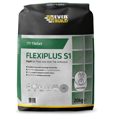 Everbuild 711 Rapid Set FlexiPlus S1 Grey Tile Adhesive Mortar 20Kg RSPLUS