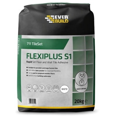 Everbuild 711 Rapid Set FlexiPlus White Tile Mortar Adhesive 20Kg TS711WE20