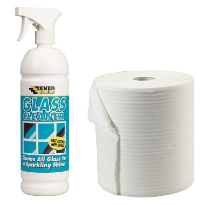 Everbuild Glass Cleaner 1 Litre and 150m Paper Wipe Roll Twin Pack