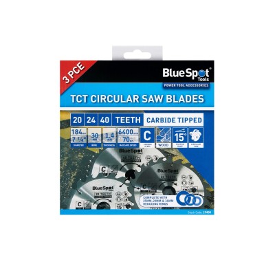 Blue Spot Tools 3 Piece 184mm x 30mm TCT Circular Saw Blades 20, 24 and 40 Teeth 19400 Bluespot