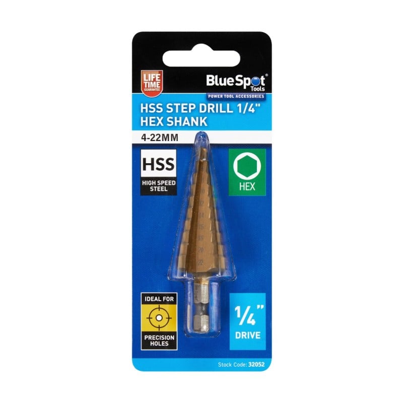 Blue Spot Tools 4mm-22mm HSS Step Drill 1/4 Inch Hex Shank 32052 Bluespot
