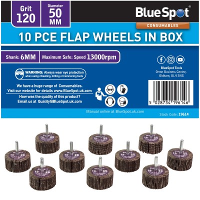 Blue Spot 10pc 120 Grit Sanding Drill Spindle Flap Wheels 50mm 19614 Bluespot