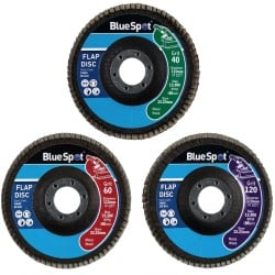 Blue Spot Tools 115mm Flap Sanding Disc 40g 60g 120g 3pc Set 19642 Bluespot