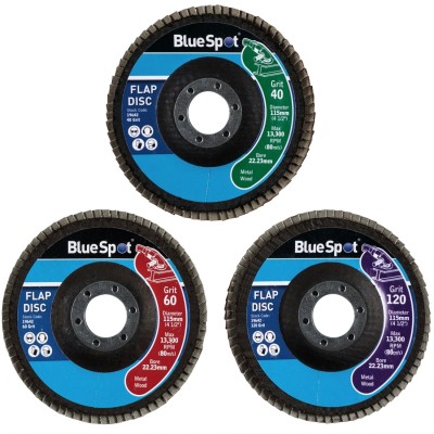 Blue Spot Tools 115mm Flap Sanding Disc 40g 60g 120g 3pc Set 19642 Bluespot