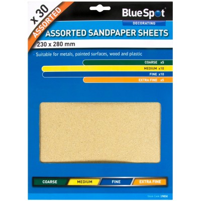 Blue Spot Tools 30 x Sand Paper Sheets Mixed Sandpaper 19850