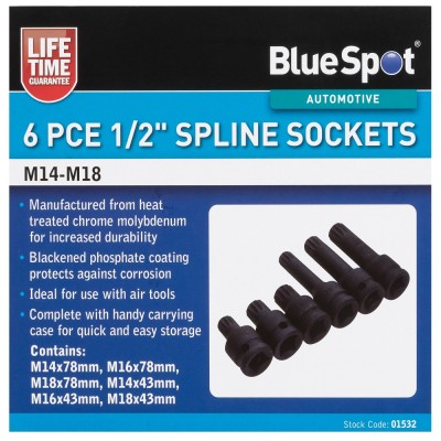 Blue Spot Tools 6pc 1/2 inch Spline Socket Set M14 to M18 01532 Bluespot