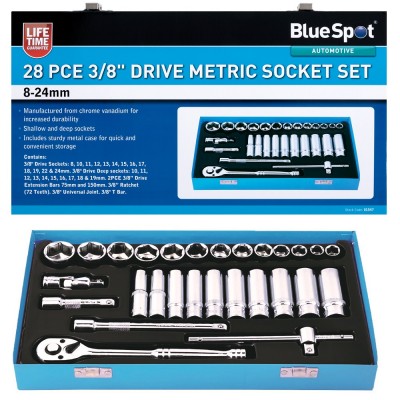 Blue Spot Tools 28pc 3/8 Inch Metric Socket Set 8 to 24mm 01547 Bluespot