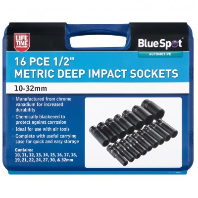 Blue Spot Tools 16pc 1/2 Inch Metric Deep Impact 6pt Sockets 10 to 32mm 01550 Bluespot 