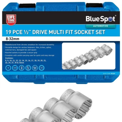 Blue Spot Tools 19pc 1/2 Inch Multi Drive Fit Socket Set 01554 Bluespot