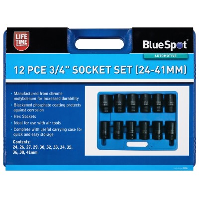 Blue Spot Tools 12pc 3/4 Inch Hex Impact Large Size Socket Set 01556 Bluespot