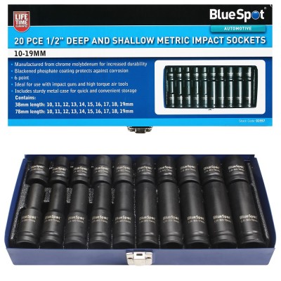 Blue Spot Tools 20pc 1/2 Inch Deep and Shallow Metric Impact 6pt Sockets 10 to 19mm 01557 Bluespot