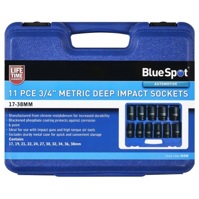 Blue Spot Tools 3/4 Inch Metric Deep Impact Sockets 17mm to 38mm 01558 Bluespot