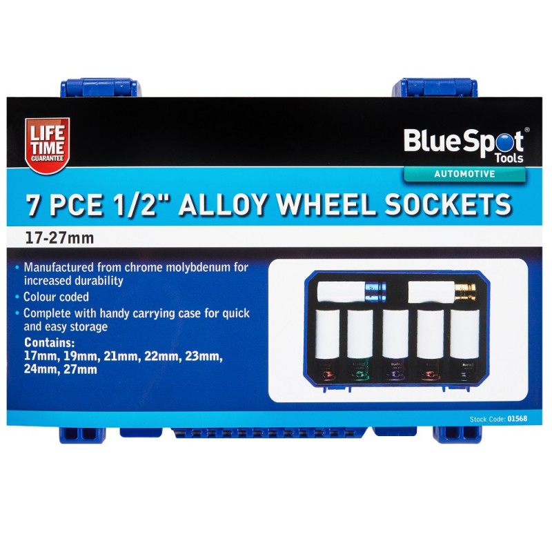 Blue Spot Sleeved Alloy Wheel Sockets 1/2 inch 7pc Set 01568 Bluespot