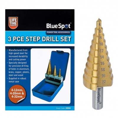 Blue Spot HSS Step Stepped Drill Bit Round Shaft 3pc Set 20504