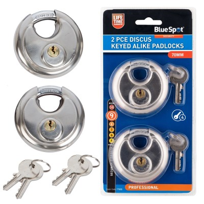 Blue Spot Keyed Alike Same Key Stainless Steel Round Discus Padlock 70mm 2pk 77028