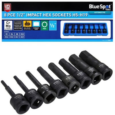 Blue Spot Tools 1/2 inch Impact Socket Hex Male Driver Tool Bit Set 01508 1/2"