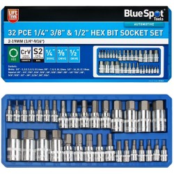 Blue Spot Tools 32pc 1/4  3/8 1/2 inch Hex Bit Socket Set 01561 Bluespot