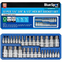 Blue Spot Tools 1/4  3/8 1/2 inch Hex Bit Socket Set 01561 32pc Bluespot