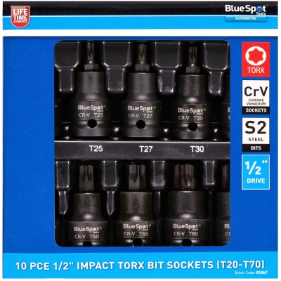 Blue Spot Tools 1/2 Inch 10pc Impact Torx Bit Socket Set 01567 Bluespot