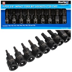 Blue Spot Tools 9pc 3/8 Inch Impact Torx Bit Socket Set 01571 Bluespot