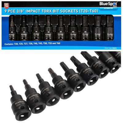 Blue Spot Tools 9pc 3/8 Inch Impact Torx Bit Socket Set 01571 Bluespot