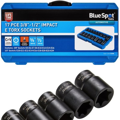 Blue Spot Tools 3/8 and 1/2 Inch E Torx Impact Sockets 17pc Set 01586 Bluespot