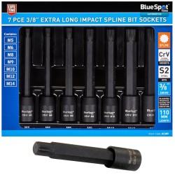 Blue Spot Extra Long Spline Bit Impact Sockets 3/8 Inch 7pc Set 01589 Bluespot