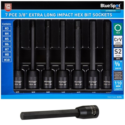 Blue Spot Extra Long Impact Hex Bit Socket 7pc 3/8 inch Set 01591 Bluespot