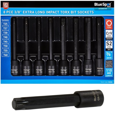 Blue Spot Extra Long Impact Torx Bit Socket 8pc 3/8 inch Set 01593 Bluespot