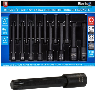 Blue Spot Extra Long Impact Torx Bit Socket 15pc 1/4 3/8 1/2 inch Set 01595
