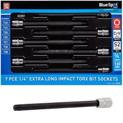 Blue Spot Tools 1/4 Inch Extra Long Impact Torx Bit Socket 7pc Set 01597 Bluespot