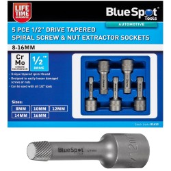 Blue Spot Tapered Spiral Screw Nut Extractor 1/2 inch Sockets 5pc Set 01612 Bluespot