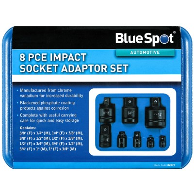 Blue Spot Tools 02077 8 Piece Impact Socket Size Adaptor Set 1/4" to 1" Bluespot