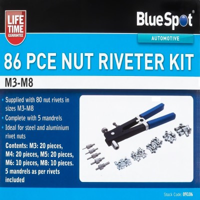 Blue Spot Tools Rivet Nut Nutsert Riveter Setting Tool 86pc Kit 09106 Bluespot