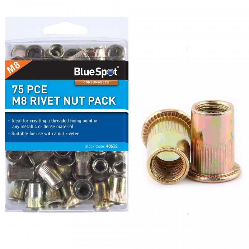 Bluespot 75pce Rivet Nut M8 Carbon Steel Threaded High Quality Nuts 