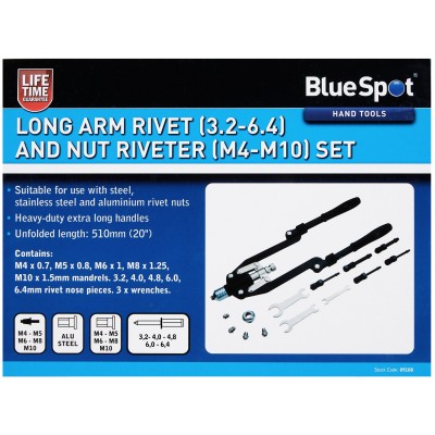 Blue Spot Long Arm 2 in 1 Pop Rivet and Nut Riveter Gun Setting Tool 09108 Bluespot