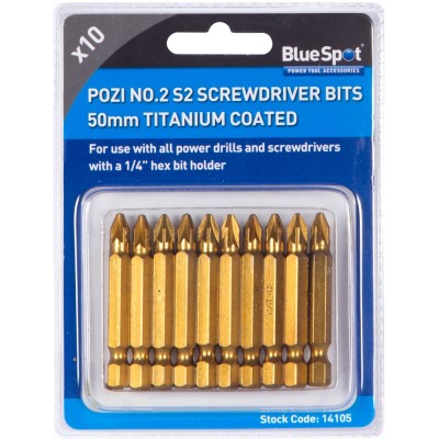 Blue Spot Tools POZI PZ2 Titanium Coated Power Bit 50mm 10pc Set 14105 Bluespot