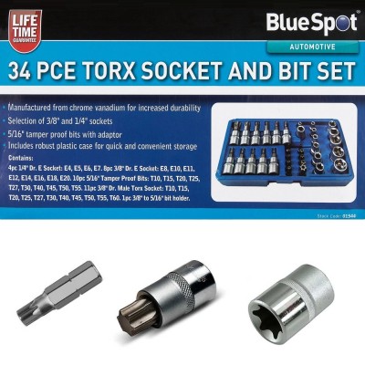 Blue Spot Tools 34pc Torx Socket and Bit Set T10-T60 E4-E20 01544A