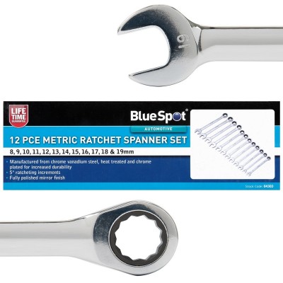 Blue Spot Tools 12 Piece Metric Ratchet Combination Spanner Set 04303 Bluespot