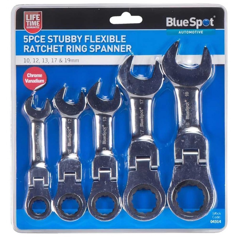 Blue Spot Stubby Hinged Flexible Head Ratchet Combination Spanner Set